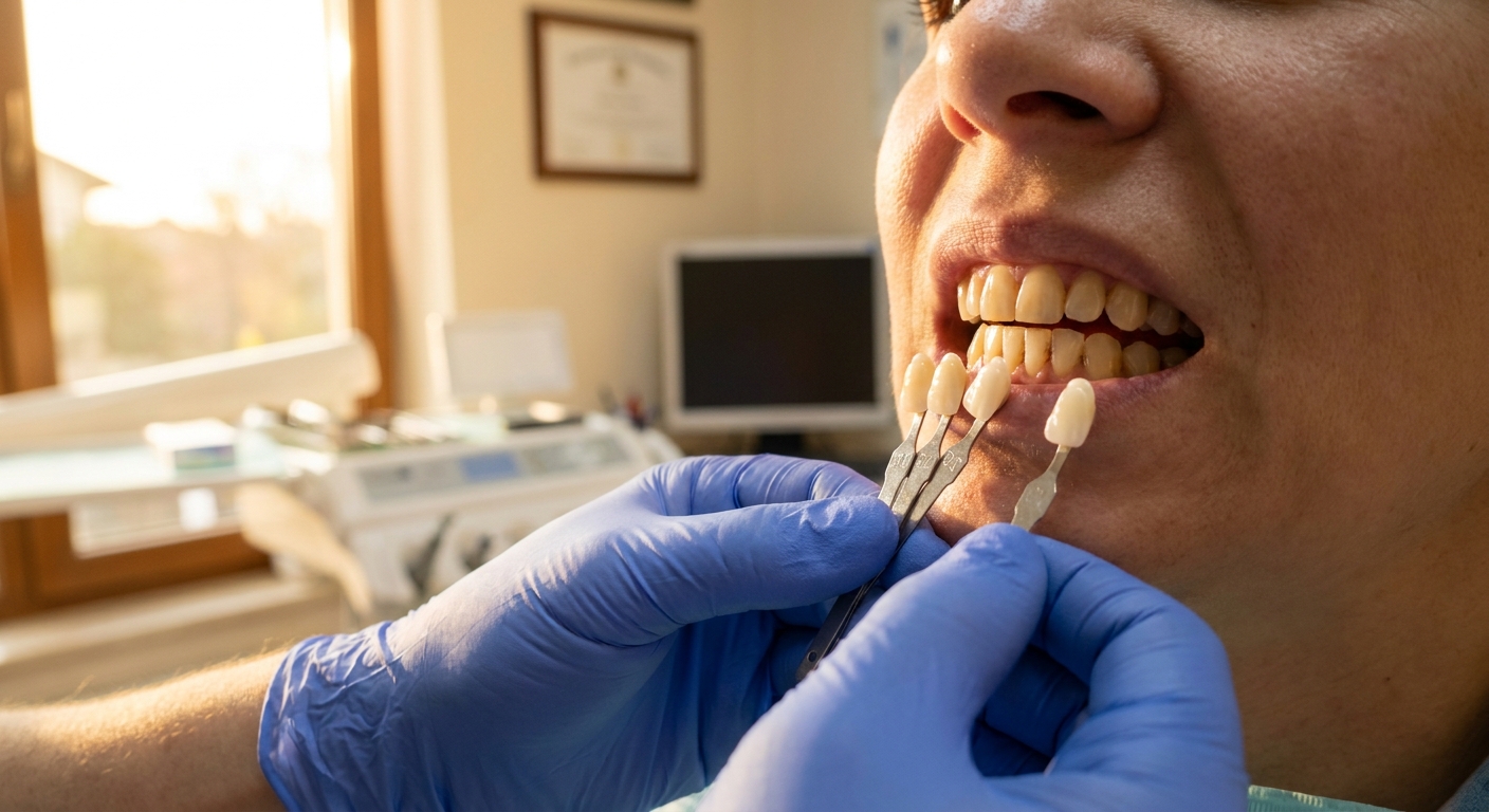 Dentist comparing dental shade guide tabs to patient's teeth during whitening consultation at Gaston Dental Associates