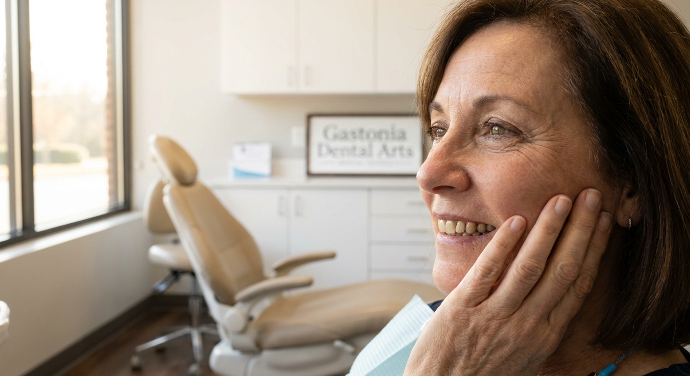 Patient thoughtfully considering teeth whitening treatment while sitting in dental office chair