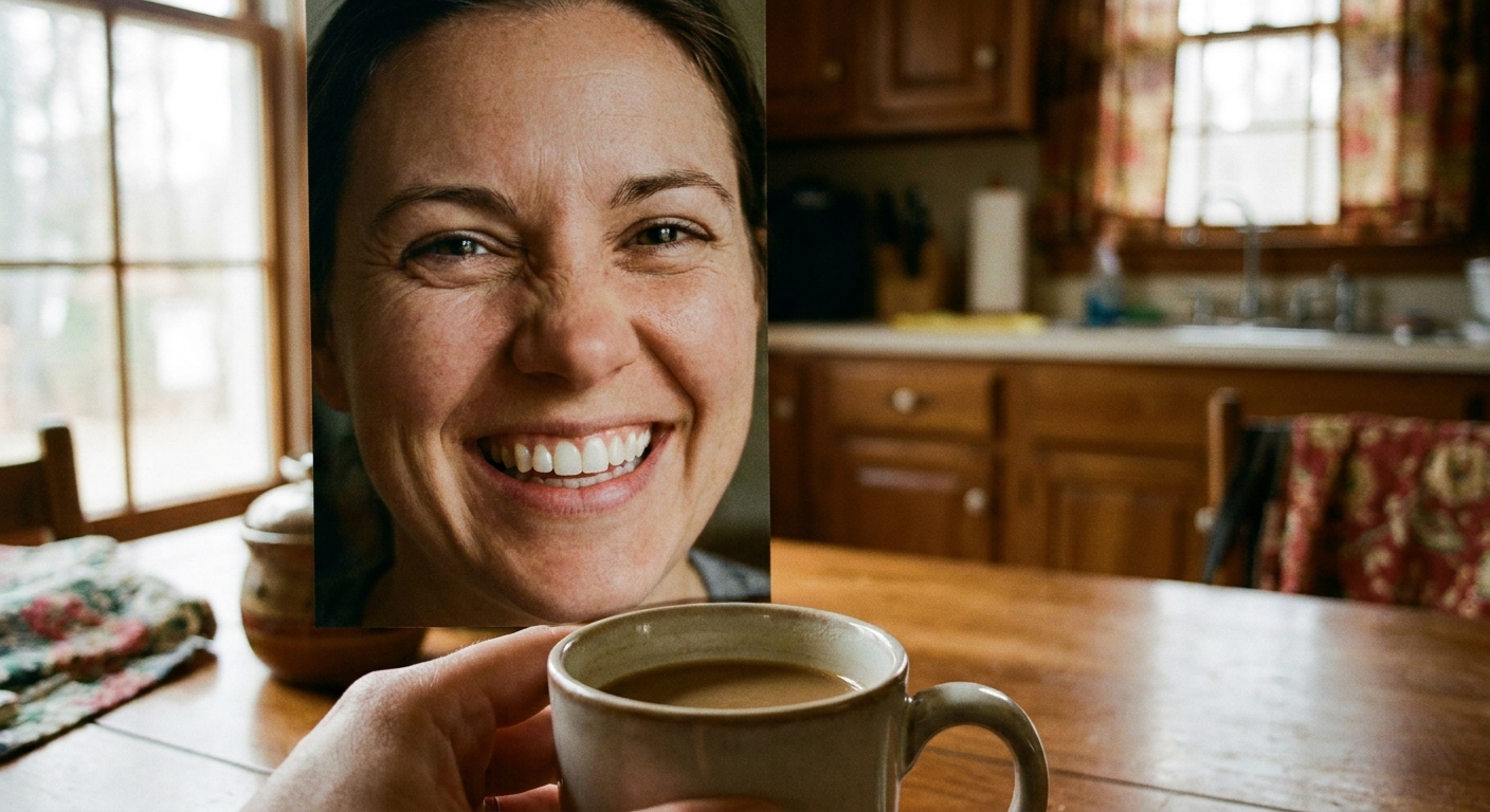 Person smiling while having morning coffee, illustrating daily habits that affect teeth whitening longevity