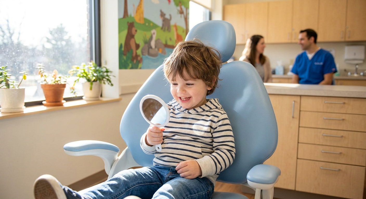 Young child sitting comfortably in dental chair, smiling while examining small dental mirror, natural light, welcoming pediatric dental office in Gastonia